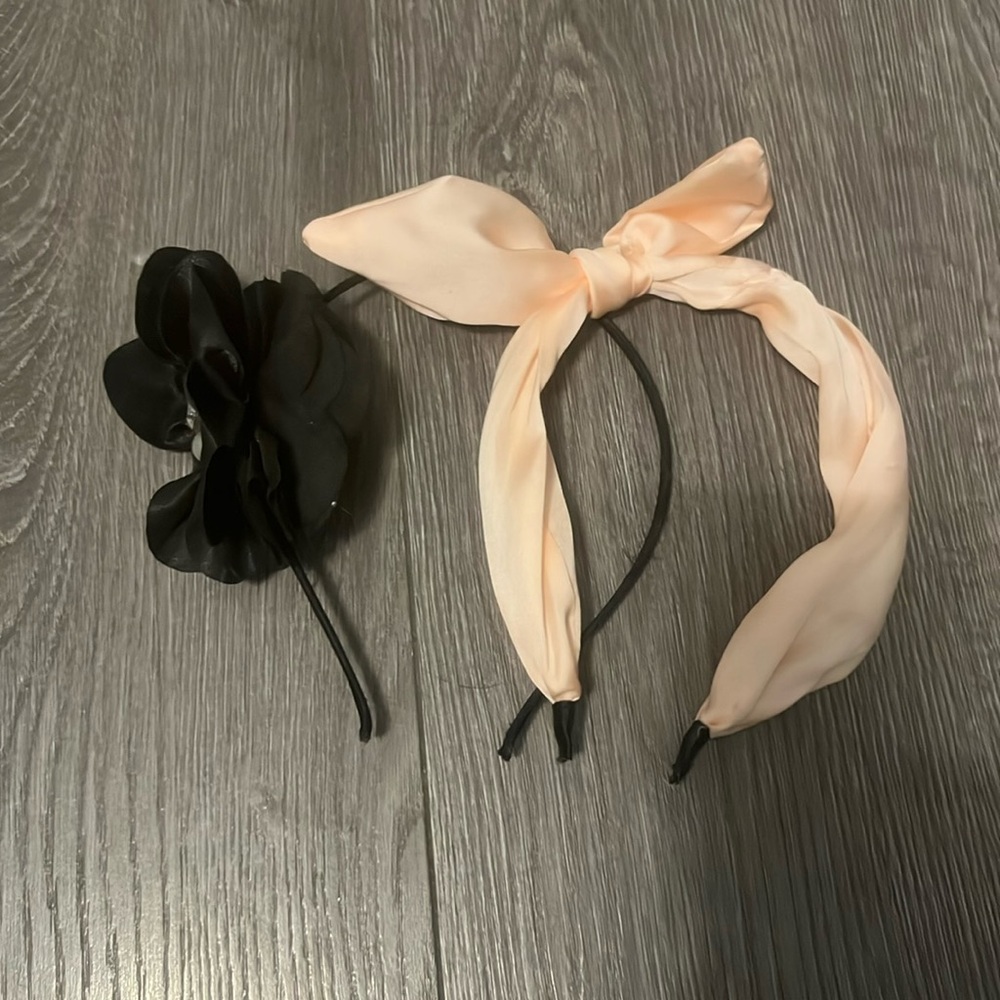 Pink satin bow and black satin flower headband